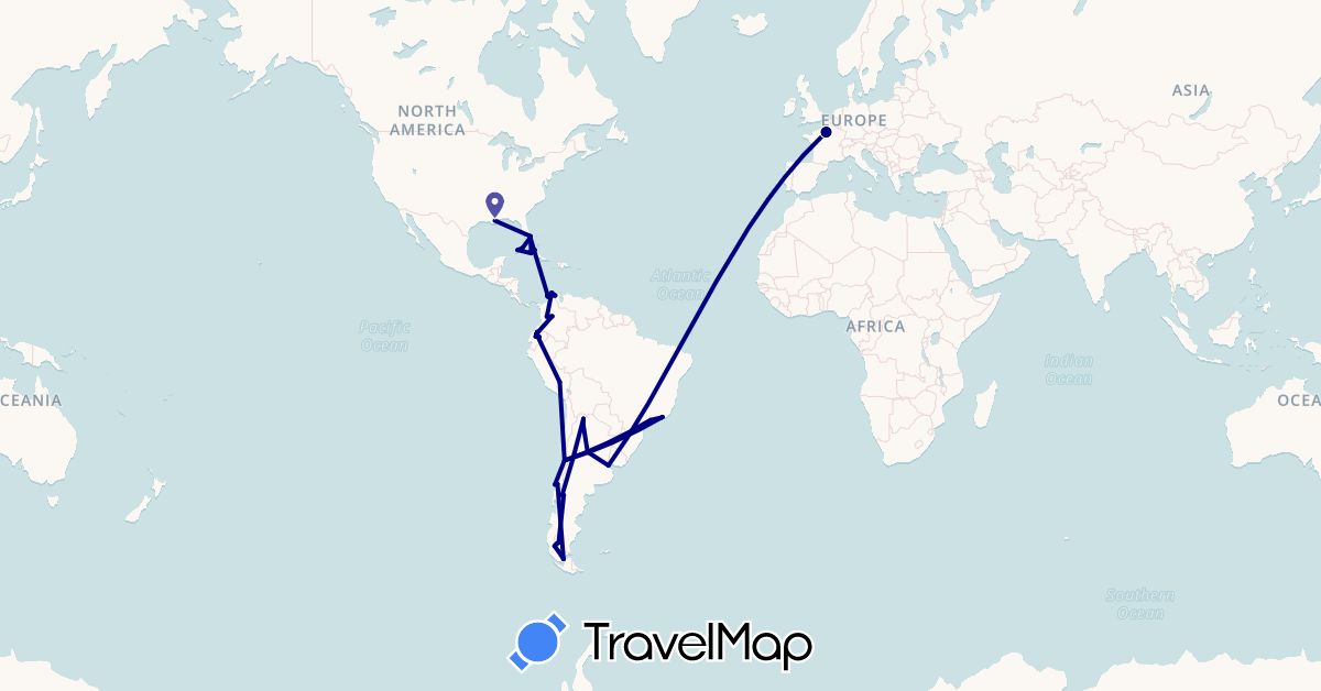 TravelMap itinerary: driving in Argentina, Brazil, Chile, Colombia, Cuba, Ecuador, France, Peru, United States (Europe, North America, South America)